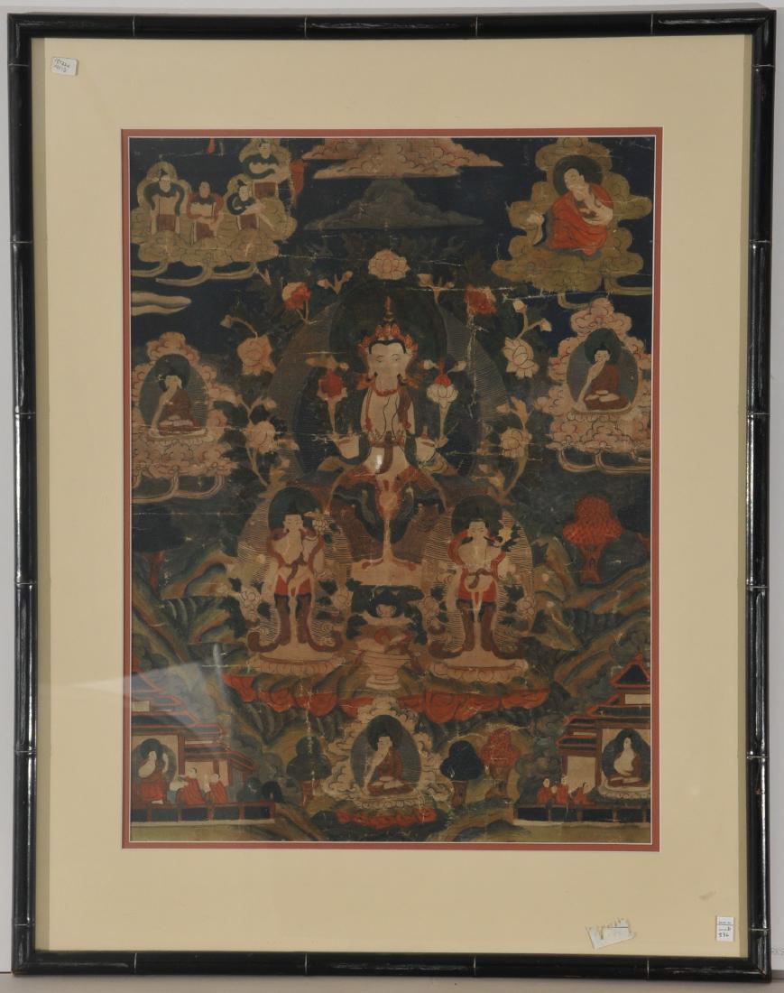 Buddhist Icon. China. 19th century. Thangka of the whie: Buddhist Icon. China. 19th century. Thangka of the whie Tara with lineage figures. Mineral pigments on heavy cloth. 22" x 16-1/2. Framed and glazed.