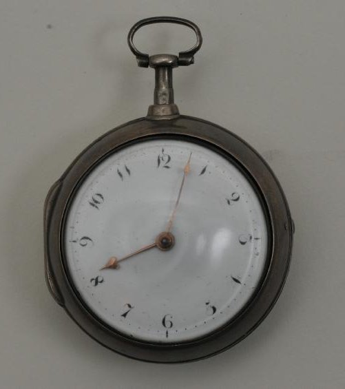 Caleb Wheaton, Providence, Rhode Island. Pocket watch.: Caleb Wheaton, Providence, Rhode Island. Pocket watch. Silver two-piece case, with British hallmarks. Fusee movement, appears to run when wound. White dial, black markers, rose tone hands. 55mm diamet