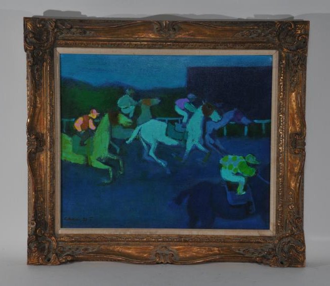 Gustav Likan. Blue ground Polo scene painting. Oil on: Gustav Likan. Blue ground Polo scene painting. Oil on canvas. Framed. Signed lower left. Good condition. Sight size: 20" x 24". Overall size: 27" x 31".