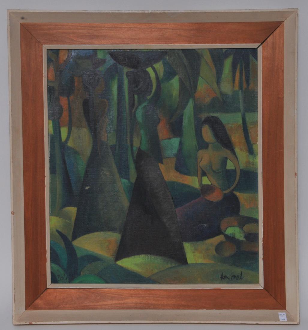 Hans Snel. "Bali 1966". Abstract figural Balinese: Hans Snel. "Bali 1966". Abstract figural Balinese painting. Oil on canvas. Framed. Signed lower right. Titled and dated lower left. Sight size: 18" x 16". Overall size: 22-1/2" x 20-1/2". Good conditi