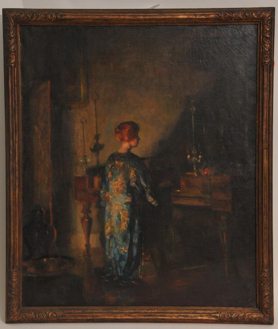 Marguerite S. Pearson. Large early interior genre scene: Marguerite S. Pearson. Large early interior genre scene of a young woman in an Asian robe playing a piano. Oil on canvas. Framed. Signed upper right. Sight size: 36" x 30". Overall size: 40" x 33-1/2"