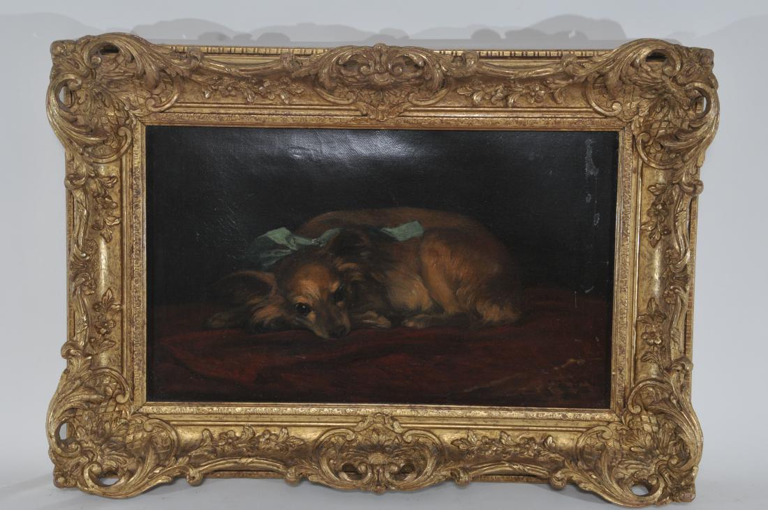 19th century Portrait of a reclining dog on a blanket.: 19th century Portrait of a reclining dog on a blanket. Possibly a King Charles Spaniel wearing a blue ribbon. Monogrammed in red on lower right- K. Lor? Christies label on reverse. Relined. Small repa