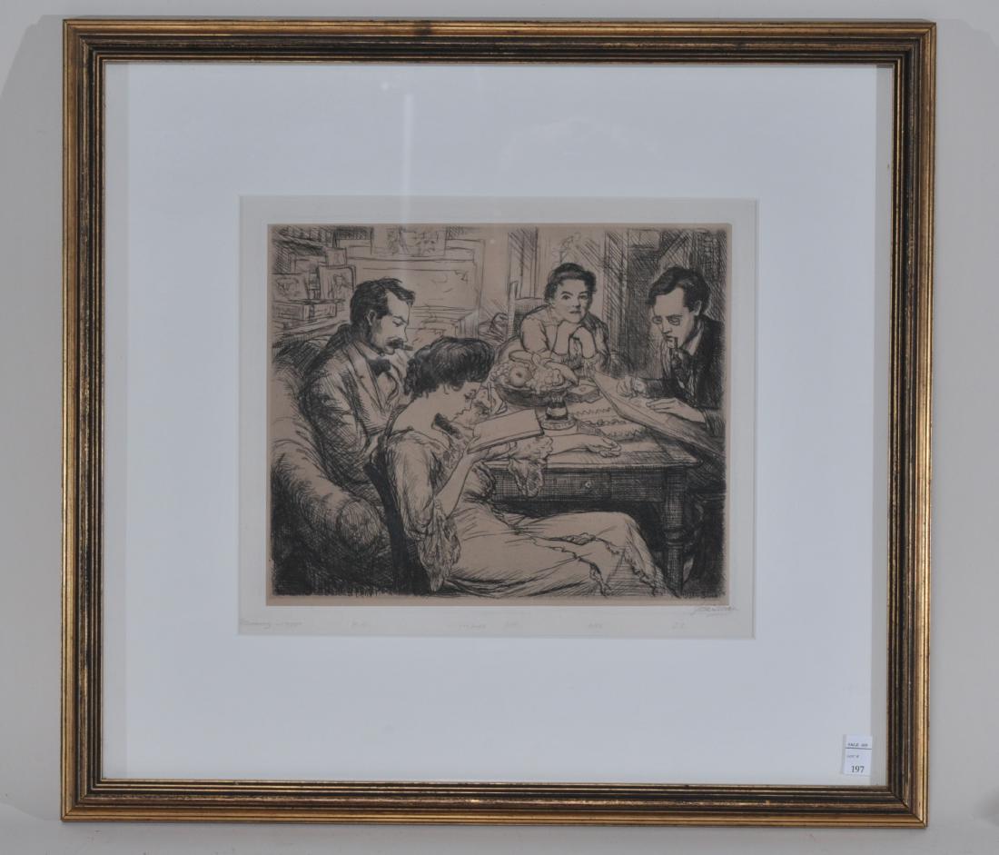 John Sloan. "Memory". Etching. Signed lower right.: John Sloan. "Memory". Etching. Signed lower right. Pencil titled and dated 1905 lower left. Also inscribed R.H, 100 "Proofs". A.M.S. & J.S. Cream colored paper laid on etching plate. Kraushaar Gallery