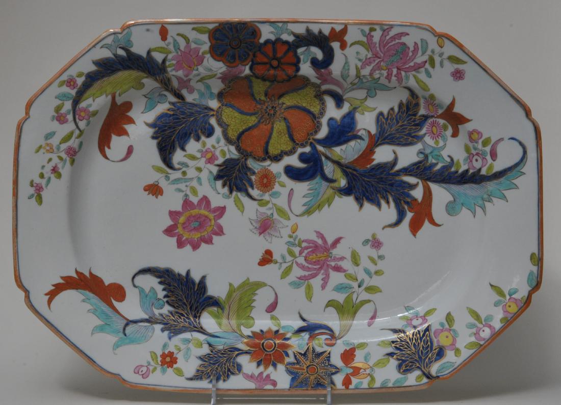 18th/19th century Tobacco leaf pattern large octagonal: 18th/19th century Tobacco leaf pattern large octagonal shaped tray. Heavily potted. Possibly English Ironstone or Chinese Export. Good condition. 12-1/4" x 17".