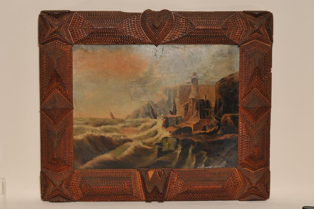 Unusual large 19th century American Tramp Art chip: Unusual large 19th century American Tramp Art chip carved framed seascape painting. Frame with high relief chip carved geometric, pyramid, star borders with central heart and with carvings. Seascape i