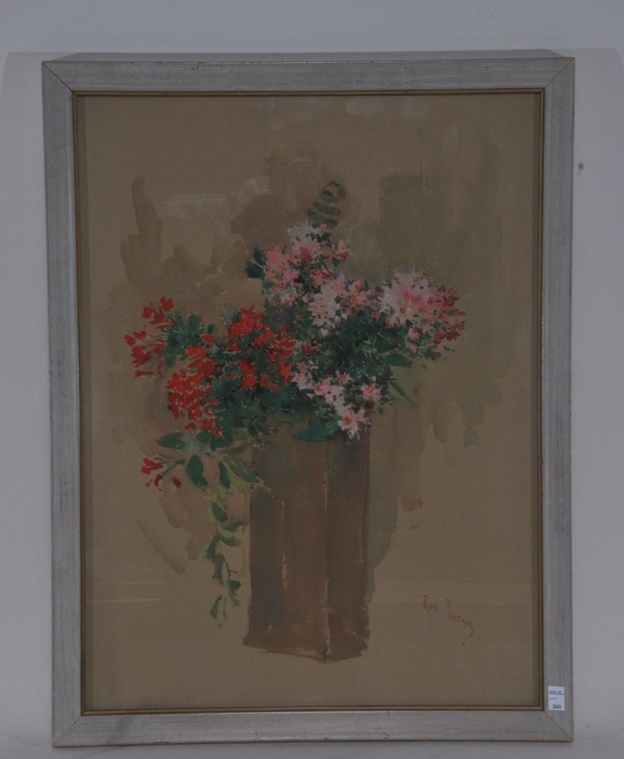 Ross Turner. Watercolor. Stillife painting of flowers: Ross Turner. Watercolor. Stillife painting of flowers in a square vase. Signed lower right. Framed under glass. Sight size: 19-1/2" x 15". Overall size: 21" x 17".