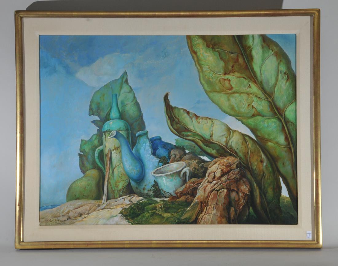 Samuel Bak. Surreal "Still life with leaves". Oil on: Samuel Bak. Surreal "Still life with leaves". Oil on canvas. Framed. Titled on reverse. Pucker Gallery label. Boston. Signed lower left. Sight size: 21" x 29". Overall size: 26" x 33". Good condition.