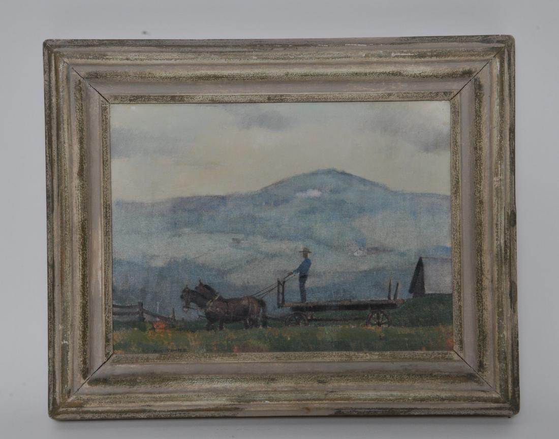 Paul Sample. "Ridge Road". 1938. Important small: Paul Sample. "Ridge Road". 1938. Important small Regionalist painting depicting a farmer riding a horse drawn cart. Signed lower left. Titled on reverse. Dated 1938. Label stating "Sold to Mrs. Harlan