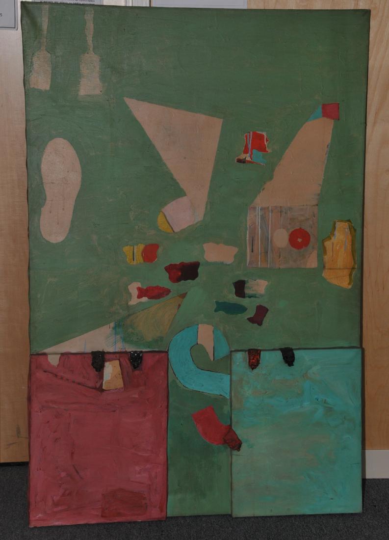 Dan Basen. Modernist three dimensional large painting.: Dan Basen. Modernist three dimensional large painting. Oil on canvas with two applied stretched canvases with applied empty paint tubes. Green ground with various designs. Signed Basen on stretcher. U