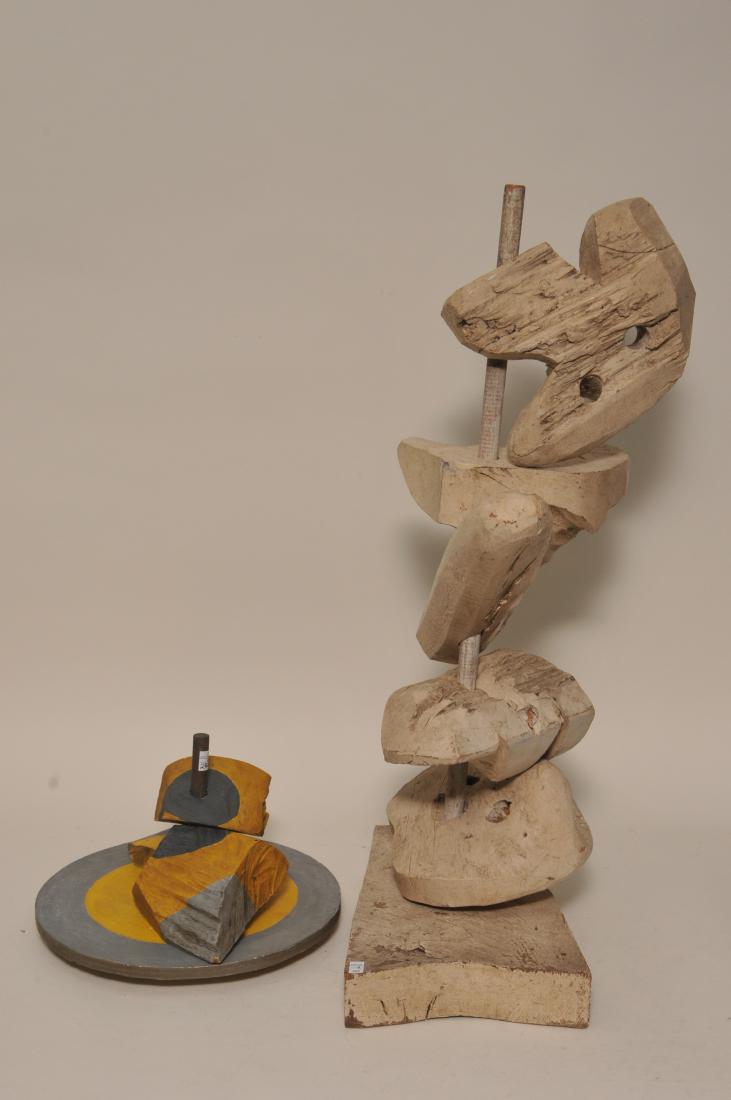 Two Dan Basen. Two modernist sculptures. (1) Vertical: Two Dan Basen. Two modernist sculptures. (1) Vertical white interchangeable various form blocks on a wood post and detachable base. Appears to be unsigned. (2) Small round white interchangeable wood f