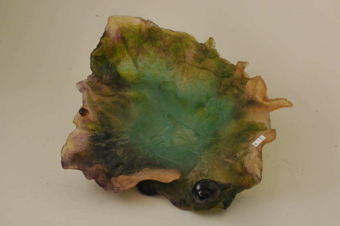 Daum. France. Large sculpted Art Glass leaf shape dish: Daum. France. Large sculpted Art Glass leaf shape dish with snails and floral vine decoration. 14-1/2" x 14". Signed on base.