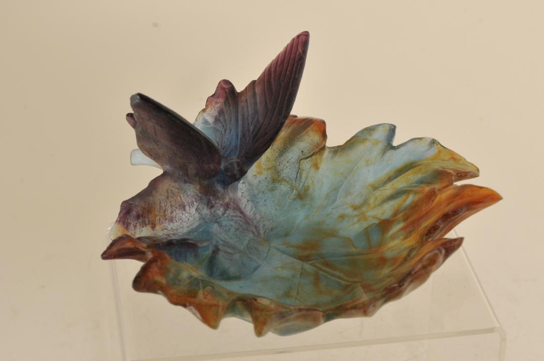 Daum. France. Sculpted Art Glass leaf form dish with a: Daum. France. Sculpted Art Glass leaf form dish with a large butterfly. 7" x 6-1/2". Signed on base.