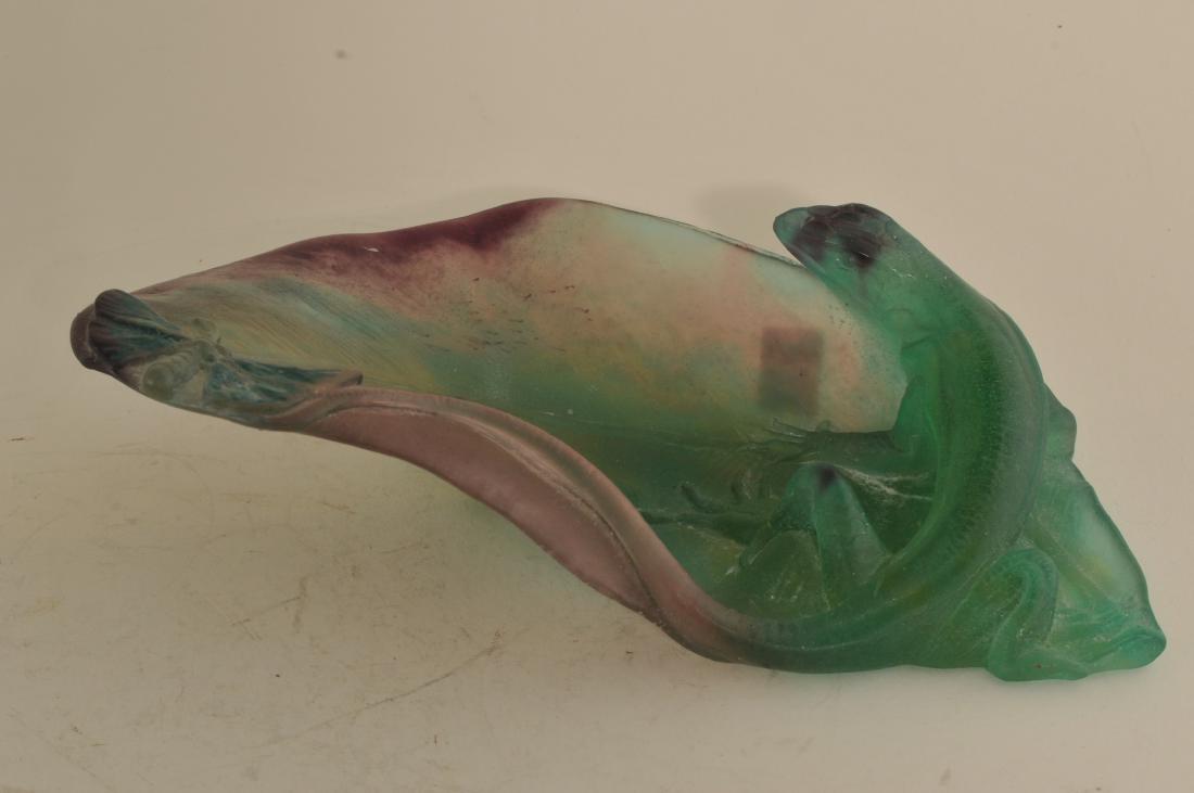 Daum. France. Sculpted leaf form dish with a salamander: Daum. France. Sculpted leaf form dish with a salamander and butterfly. 8" x 4-1/2". Signed on base.