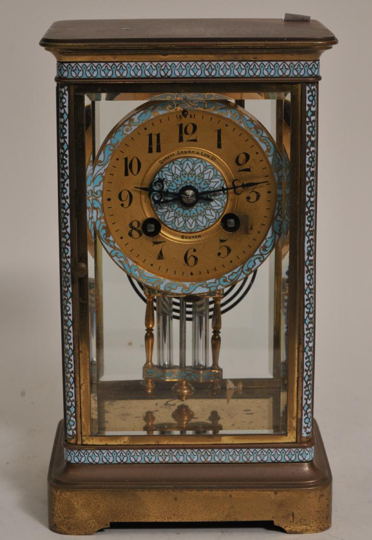 French enameled gilt brass and glass square form shelf: French enameled gilt brass and glass square form shelf clock. Dial marked Shreve Crump & Low, Boston. Enameled pendulum, dial and borders. 9-1/4" high. Hour strike working. Does not stay running.