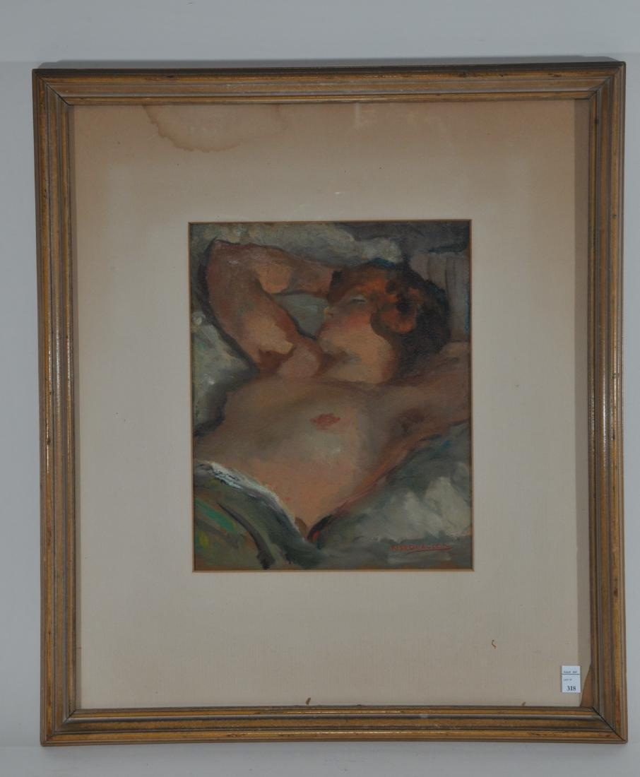August Nordhausen. Reclining Nude woman. Oil on paper.: August Nordhausen. Reclining Nude woman. Oil on paper. 1932. Signed and dated lower right,. Framed under glass. Crease and crease punctures upper left. Sight size: 10" x 8". Overall size: 19" x 16".