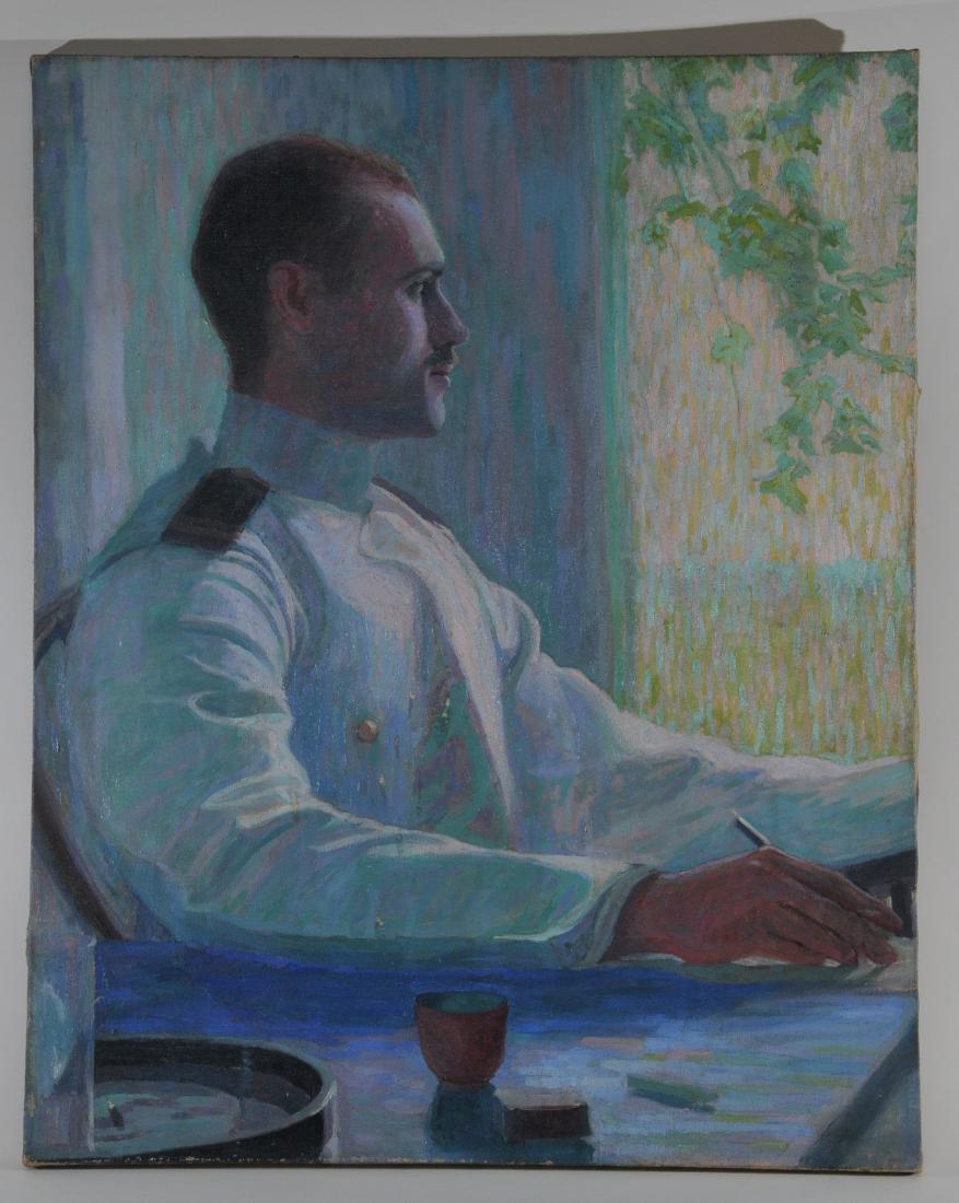 Attributed to Lilla Cabot Perry. Unsigned Impressionist: Attributed to Lilla Cabot Perry. Unsigned Impressionist portrait of a Naval Officer seated by a window. The painting reduced on three sides and restretched long ago. Good condition. Unframed. 30-1/4" 