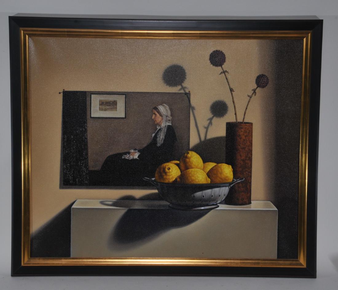 Phillip Gabrielli. "Still life with you know who". Oil: Phillip Gabrielli. "Still life with you know who". Oil on linen. Dated 2004. Signed lower left. Realist painting depicting Whistler's Mother with lemons. Sight size: 25-1/2" x 31-1/2". Overall size: 3