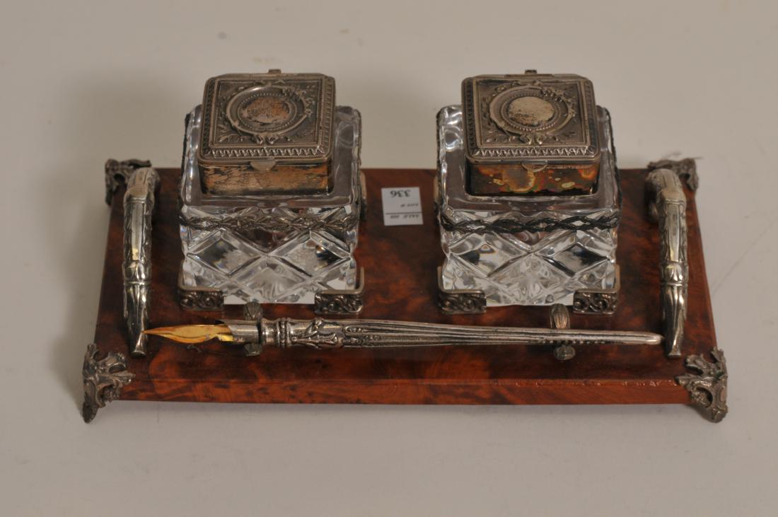 20th century Italian .800 silver mounted burl wood ink: 20th century Italian .800 silver mounted burl wood ink stand. Pressed glass inkwells. Hallmarked on inkwell tops. English sterling silver pen. 8" x 4-1/2" high.