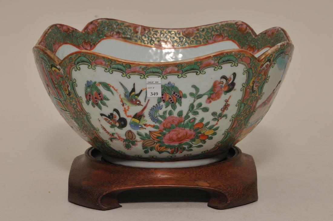 19th century Chinese Famille Rose porcelain large cut: 19th century Chinese Famille Rose porcelain large cut corner Rose Medallion decorated bowl with orange peel surface. Good condition, minor wear or loss to decoration. 10" square. 4-3/4" high.