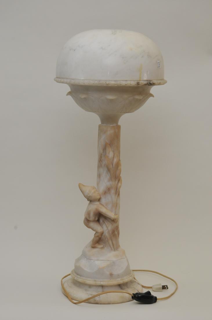 Early 20th century figural carved marble and alabaster: Early 20th century figural carved marble and alabaster Italian table lamp. Young boy climbing a plant stock. Detachable dome top. Carved leaf and beaded edge font on base. Chips inside font rim. Cover