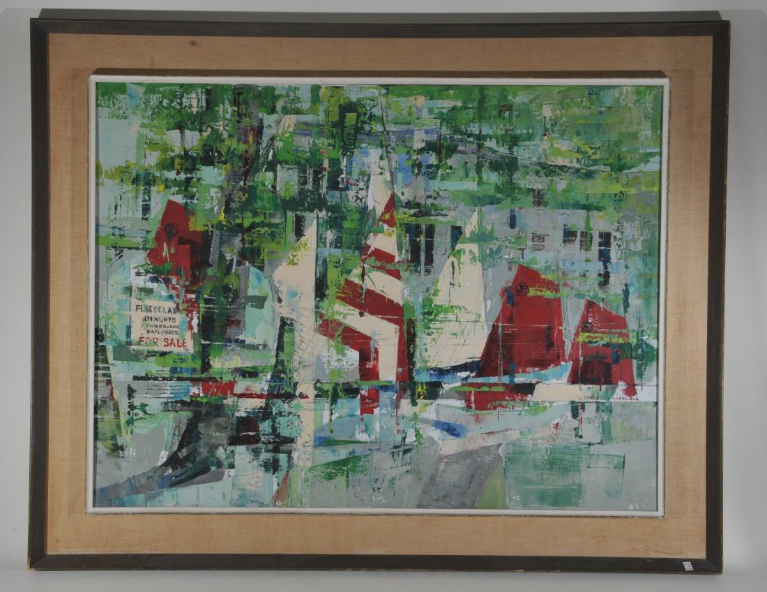 J. Thurston Marshall. Large abstract painting: J. Thurston Marshall. Large abstract painting "Sailboats". Oil on canvas. Framed. Signed lower right. M.F.A. Springfield, Mass label on reverse. Sight size: 30" x 40". Overall size: 38" x 48". Good co