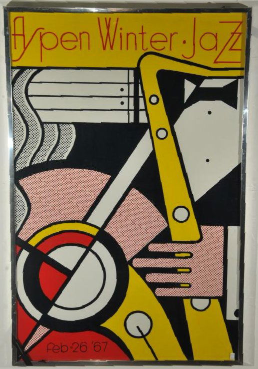 Roy Lichtenstein. Vintage "Aspen Jazz" screen-print: Roy Lichtenstein. Vintage "Aspen Jazz" screen-print poster. Feb. 1967. Framed. Overall size: 41" x 27".