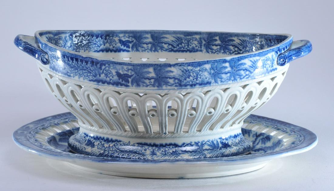 J.D. & Co. Castleford pottery blue transfer pearl ware: J.D. & Co. Castleford pottery blue transfer pearl ware Staffordshire pierced basket and tray. 1" hairline on tray edge. Tray- 11-1/4" long.