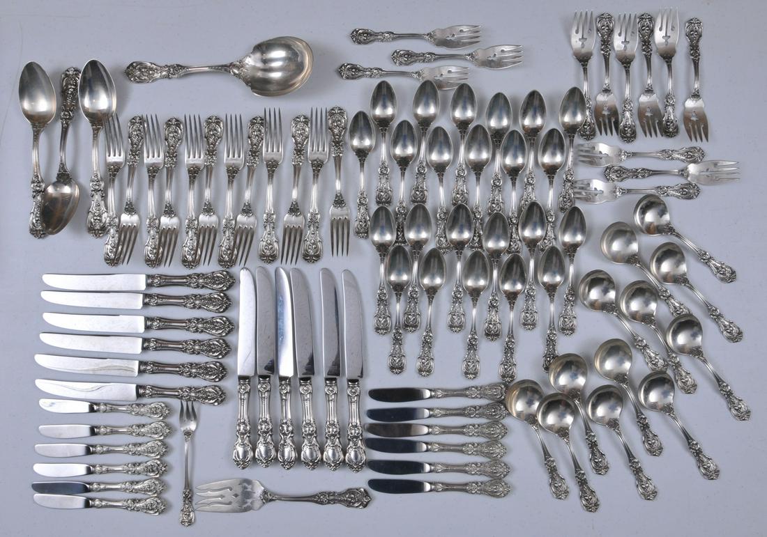 Reed and Barton "Francis I" 89 piece sterling silver: Reed and Barton "Francis I" 89 piece sterling silver flatware set. Includes: (12) knives- 9-1/8". (12) butter knives. (12) forks-7-1/4". Old mark- (12) salad forks. Old mark (12) cream soup spoons- 5-