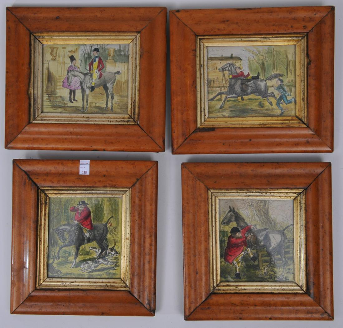 Set of four John Leech 19th century colored engravings: Set of four John Leech 19th century colored engravings depicting comical hunt scenes. Framed in antique birds eye maple frames. Titled on reverse. Imperfections to frames. Overall sizes: 8" x 7-1/2".