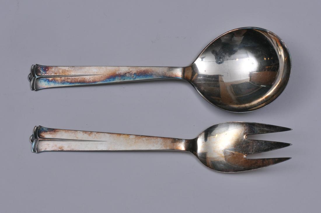 COHR. Denmark. Sterling silver Mid Century Modern: COHR. Denmark. Sterling silver Mid Century Modern design two piece salad set. Jensen style decorated handles. 8-1/8" long. 5.8 ozt.