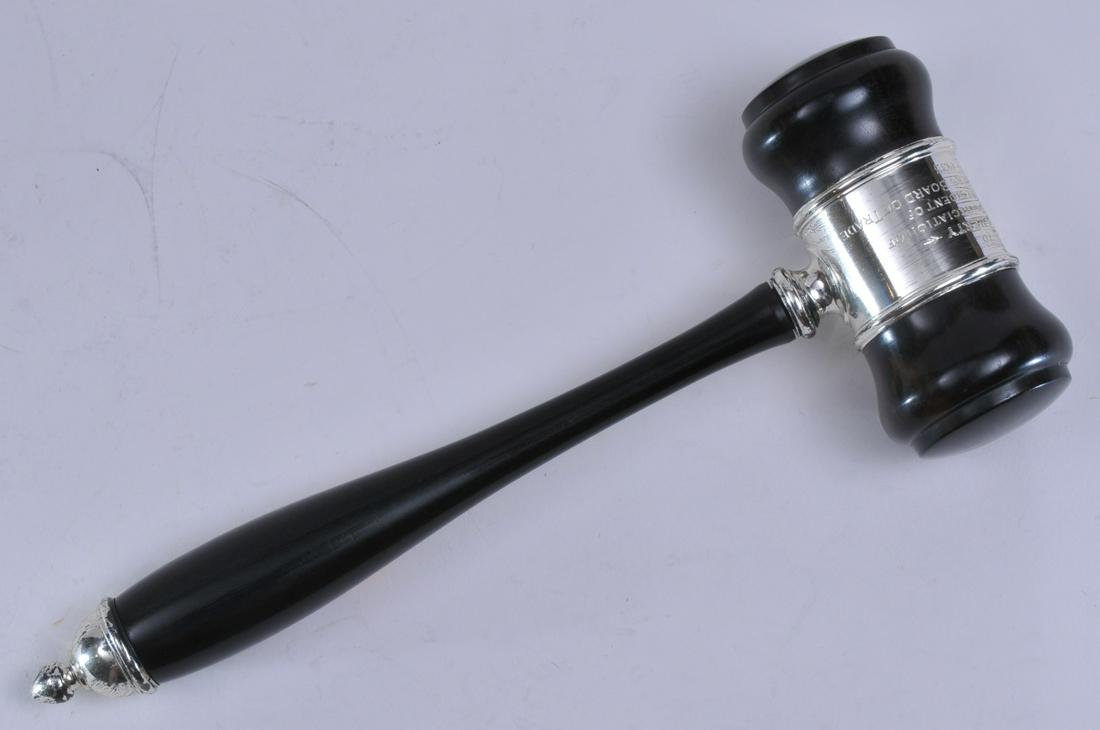 Silver and Rosewood gavel. 1931. Engraved to President: Silver and Rosewood gavel. 1931. Engraved to President of Jewelers Board. Marked Sterling 2744. 11" long. Head- 4" wide.