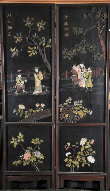 Two panel screen. China. 19th C. Rosewood inlaid with a: Two panel screen. China. 19th C. Rosewood inlaid with a gathering of scholars. Inlay of mother of pearl and various coloured soapstones. Reverse with polychrome lacquer of birds and flowers. Loss to i