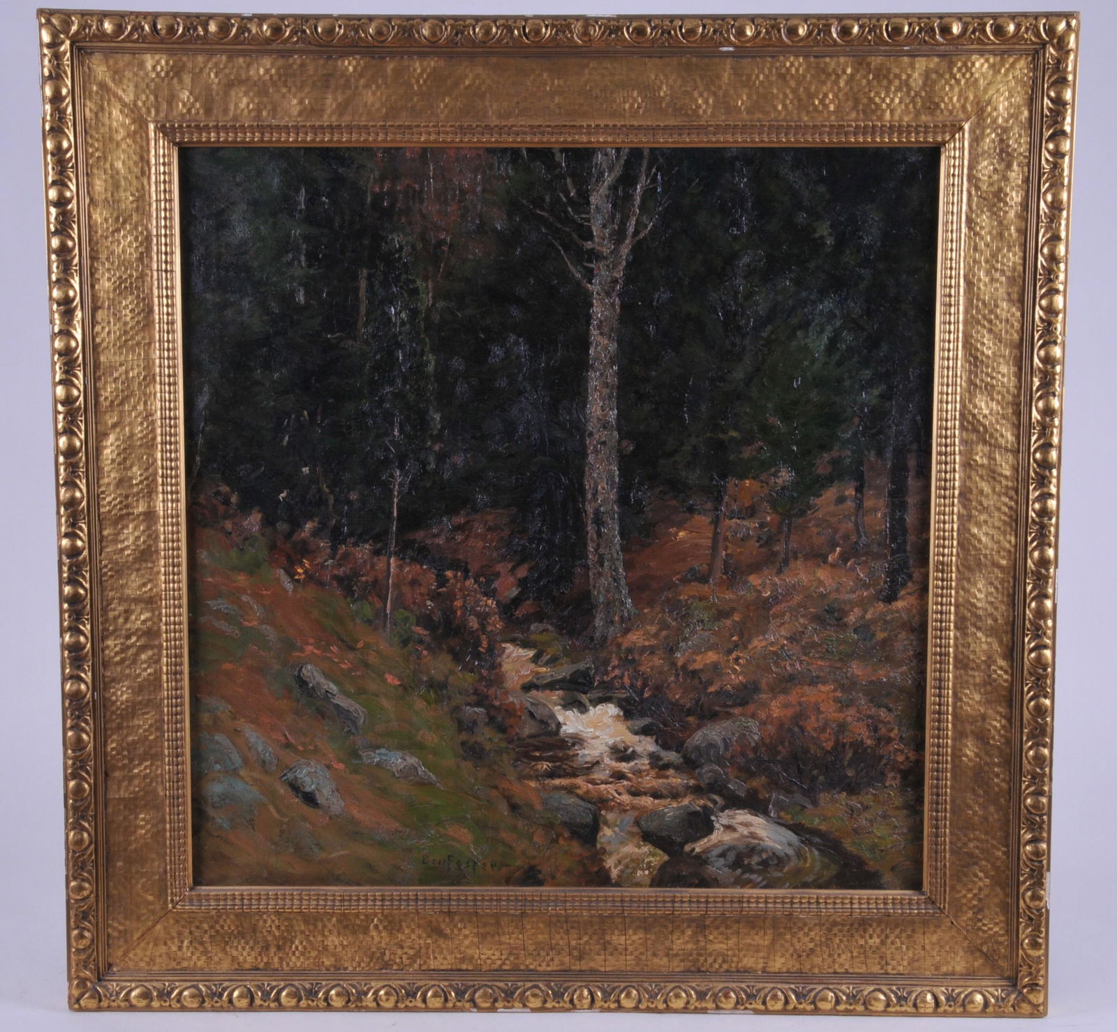 Ben Foster. Large mountain stream forest landscape: Ben Foster. Large mountain stream forest landscape painting. Original Arts and Crafts gilt frame with fish scale and ripple decoration. Oil on canvas. Signed lower center. Sight size: 30" x 30". Overa