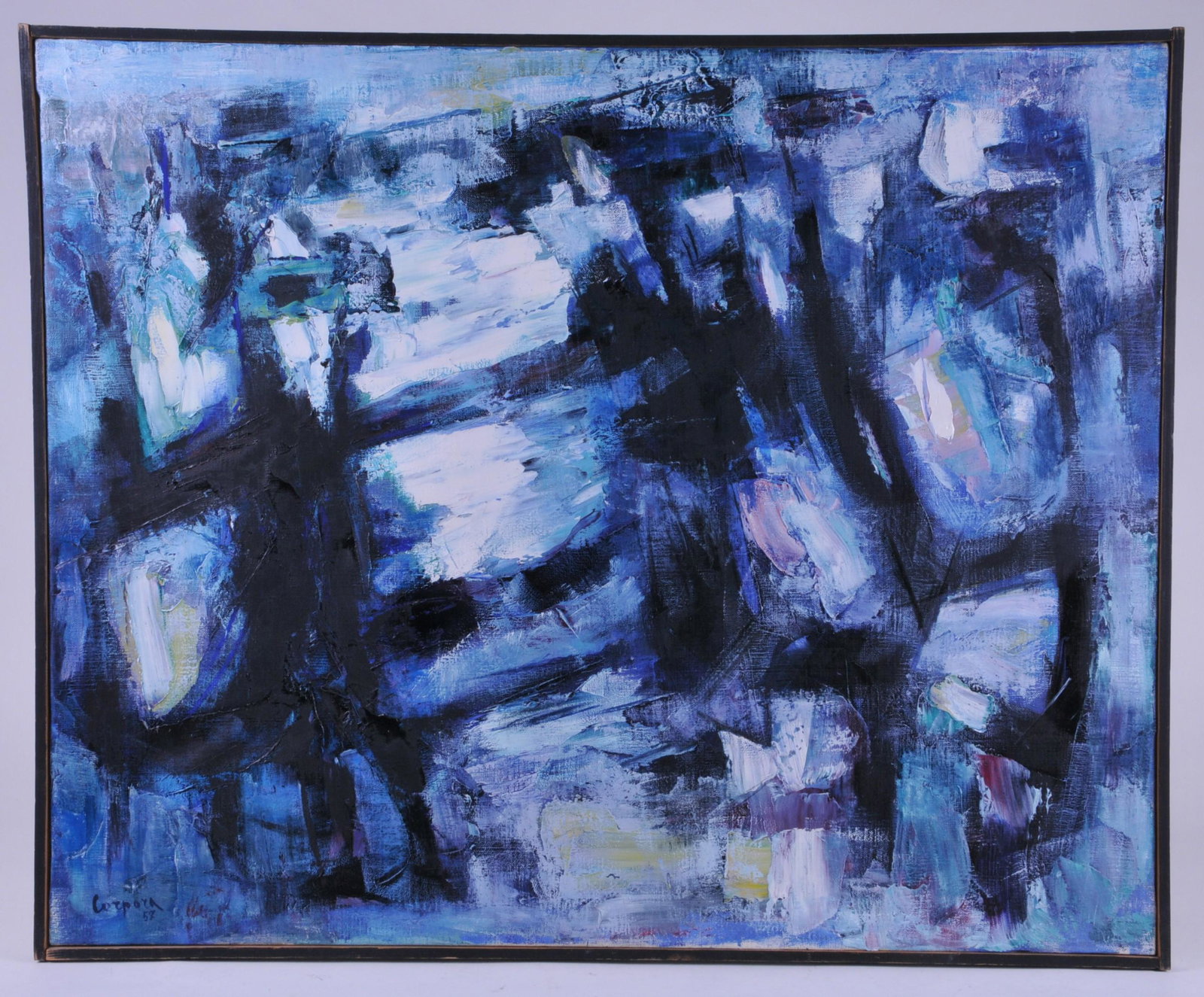 Antonio Corpora. 1957. Important Italian abstract: Antonio Corpora. 1957. Important Italian abstract Expressionist painting. Signed and dated "57" lower left. Odyssia Gallery and Grosse Kunstausstellung- Munich labels on reverse. Sight size: 32" x 39-