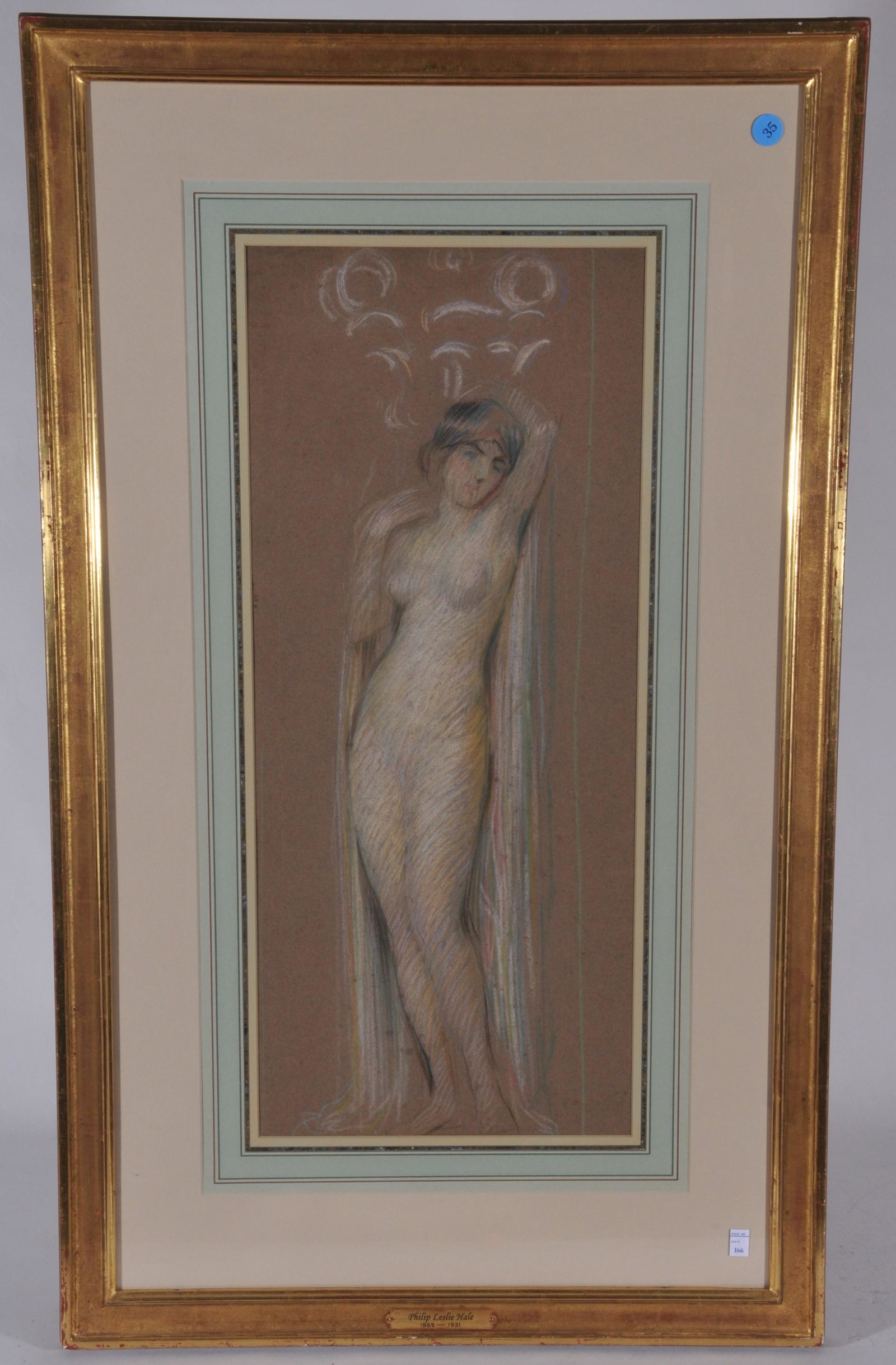 Philip Leslie Hale. Pastel drawing on brown paper of a: Philip Leslie Hale. Pastel drawing on brown paper of a nude woman. Framed under glass. Plaque on frame. Previous auction records on reverse. Sold in 2003. Not examined out of frame. Sight size: 24" x 