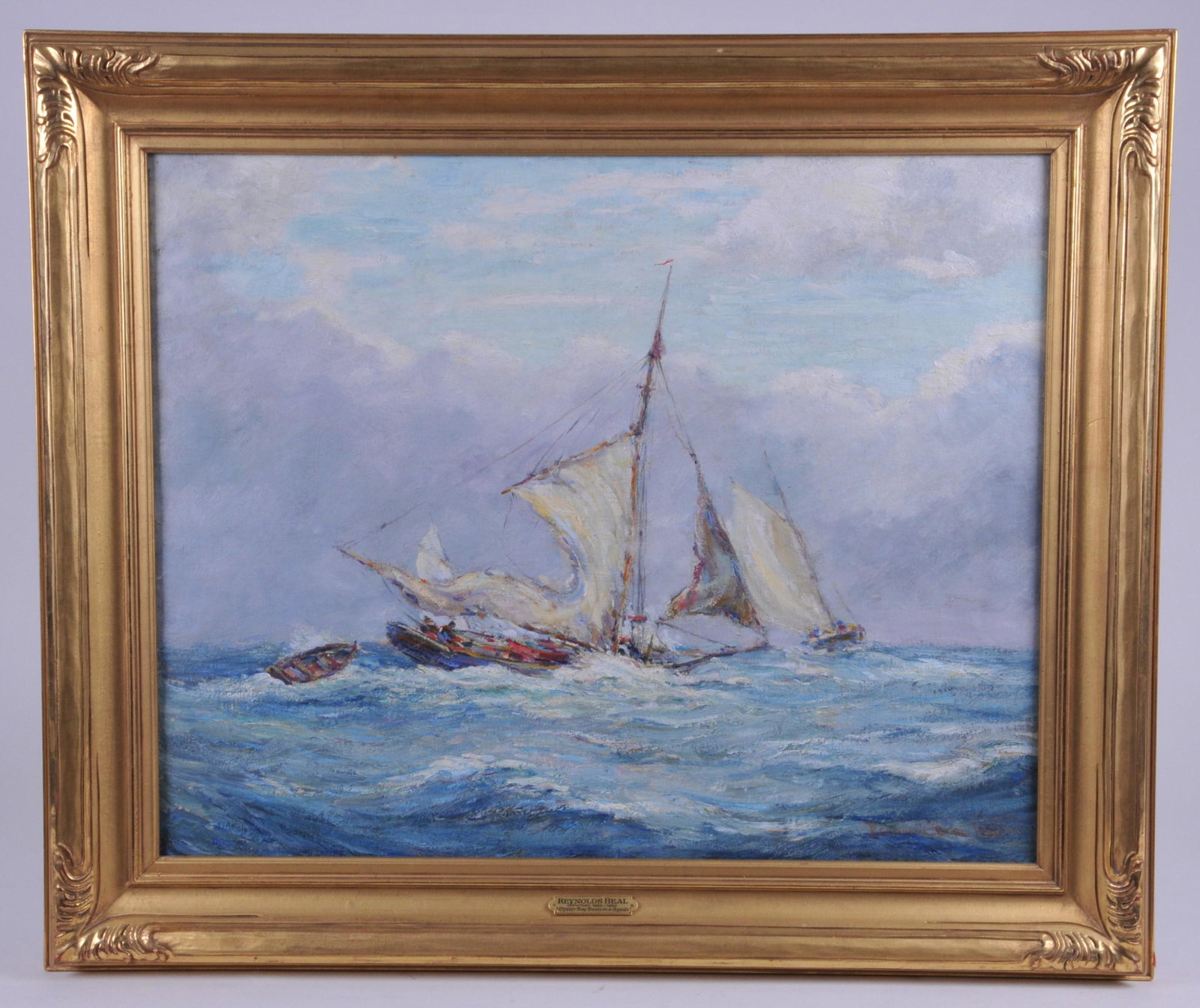 Reynolds Beal. Titled "Oyster Bay Boats in Squall".: Reynolds Beal. Titled "Oyster Bay Boats in Squall". Painting. Oil on canvas. Signed lower right “Reynolds Beal, 1920”. Framed exhibit label on verso Parrish Art Museum. Southampton New York. Sight