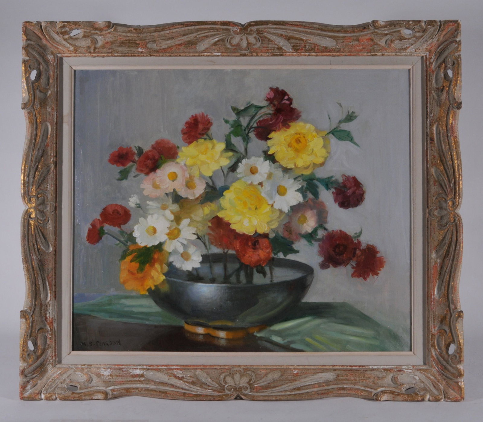 Marguerite S. Pearson. Still life with flowers in: Marguerite S. Pearson. Still life with flowers in vase. Oil on artist board. Signed lower left M. S. Pearson. Original frame, good condition. Sight size 20 ¼ x 24”. Overall size 26 x 29 ¾”.