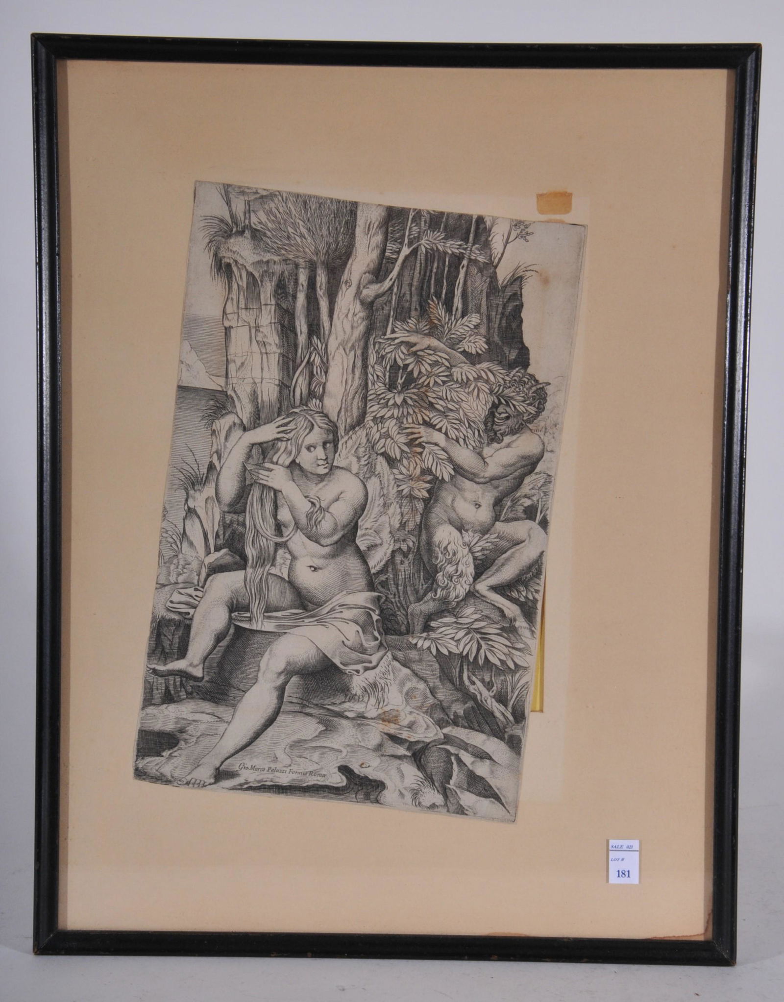 Marco Dente. Italian 1516-20. Engraving of Pan spying: Marco Dente. Italian 1516-20. Engraving of Pan spying on the nymph Syrinx who is seated combing her hair. Catalog Bartsch XIV.245.325-I; Delaborde 1887, no.123; Shoemaker and Broun 1981, no.64; i/v. N