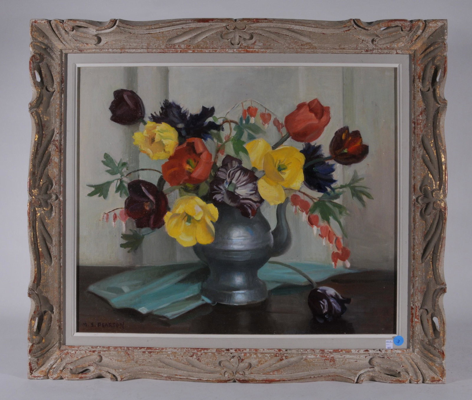 Marguerite S. Pearson. Still life with flowers in a: Marguerite S. Pearson. Still life with flowers in a pewter coffee pot. Oil on artist board. Signed lower left M. S. Pearson. Original frame, good condition. Sight size: 20" x 24". Overall size 25 ¾