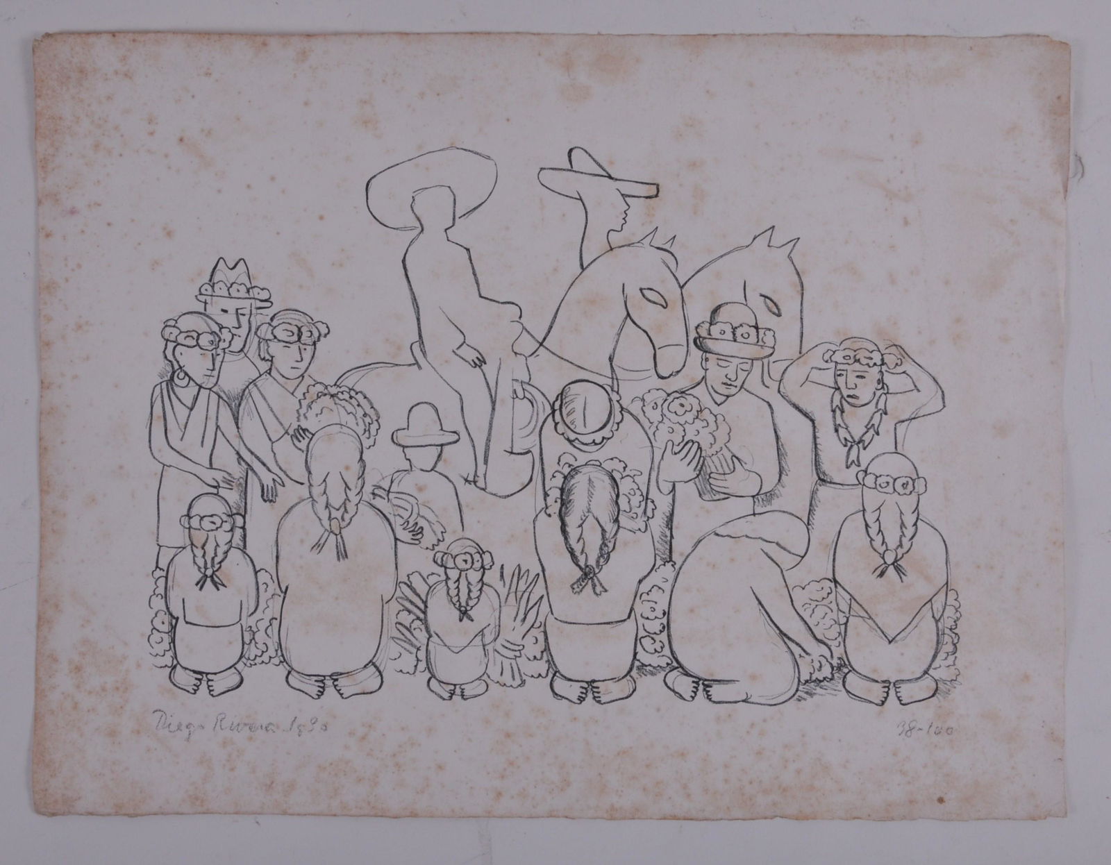 Diego Rivera Lithograph. Allegory of ceremony with: Diego Rivera Lithograph. Allegory of ceremony with figures selling flowers. Signed lower left- Diego Rivera, 1930. Version on lower right- 38/100. Scattered foxing. Sheet size: 15-1/16" x 19-7/8".