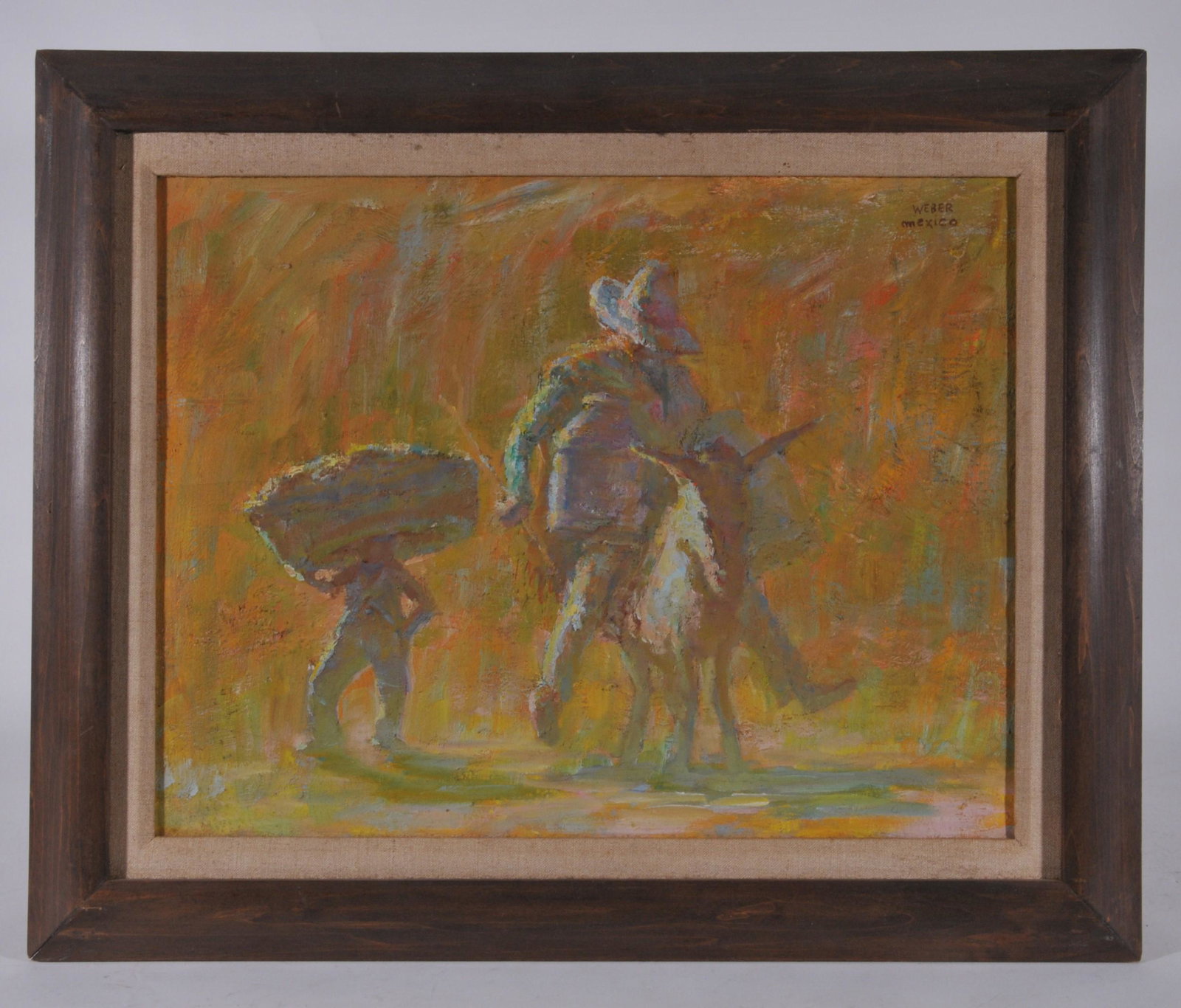 Leonard Webber. Painting. “San Miguel de Allende”: Leonard Webber. Painting. “San Miguel de Allende” Mexican native on mule transporting milk. Signed upper right. Oil on canvas. Sight size: 14” x 18". Overall size 18 ½ x 22 ¾”.