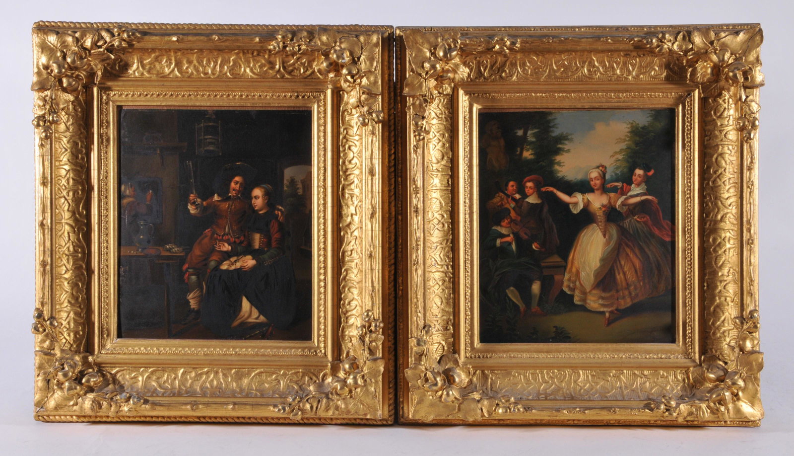 Pair of 19th century Continental school genre paintings: Pair of 19th century Continental school genre paintings on metal. An interior genre scene depicting a romantic couple in a tavern interior. The other scene of an outdoor scene of figures dancing to mu
