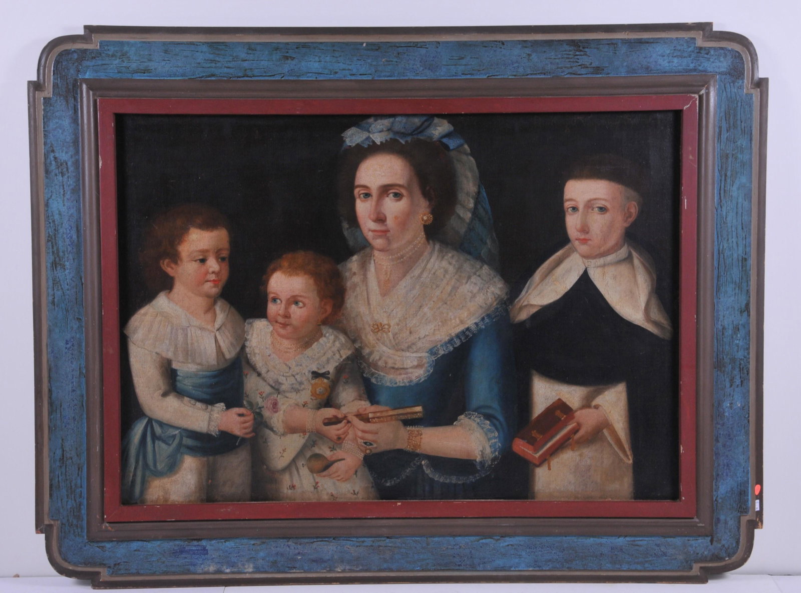 18th century Mexican Colonial family portrait. Mother,: 18th century Mexican Colonial family portrait. Mother, two daughters and son portrayed as a monk. Mother and daughters in fine dresses. Inscriptions in upper corners. Upper right- "Domingo Vaquer Y Sc