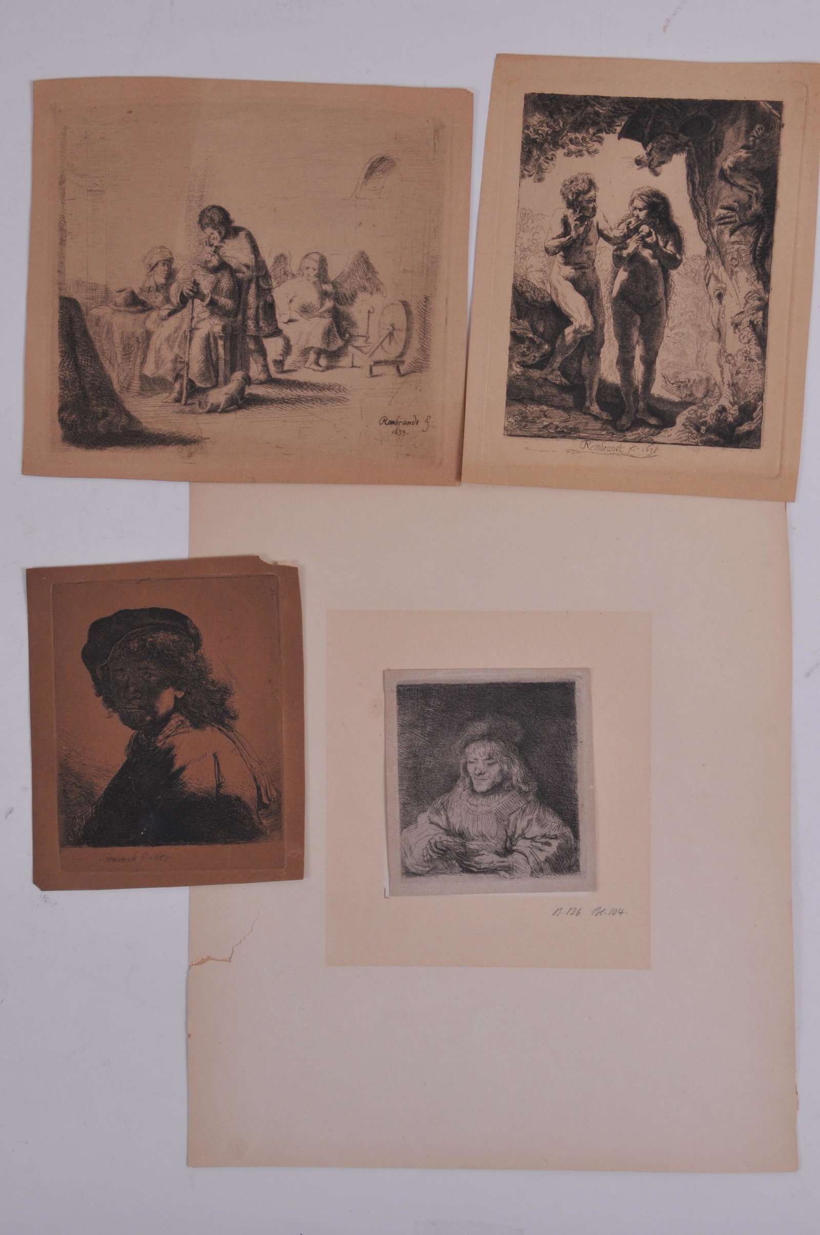 Rembrandt Van Rijn. Four works on paper. "The Card: Rembrandt Van Rijn. Four works on paper. "The Card Player". Circa 1641. Etching. Bartsch 136. Sheet size: 4" x 3-3/4". Plate size: 3-1/2"x 3-1/4". Three after Rembrandt, self portrait, 1633. Sheet siz