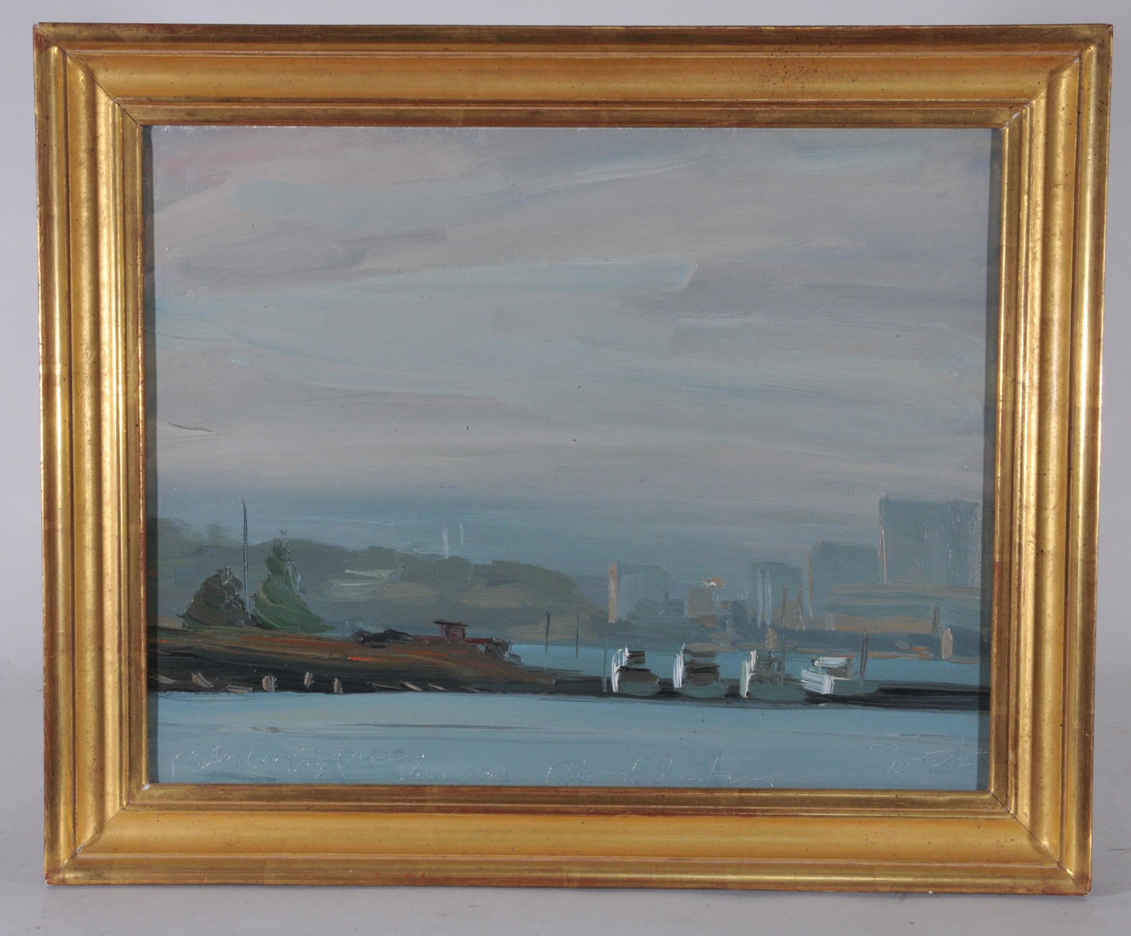 Richard Sheehan. American. 20th Century painting.: Richard Sheehan. American. 20th Century painting. Titled “Study for Dorchester Bay, May 27 1982” Incised across bottom with title. Oil on canvas. Framed. Alpha Gallery Label. Sight size: 14" x 18�