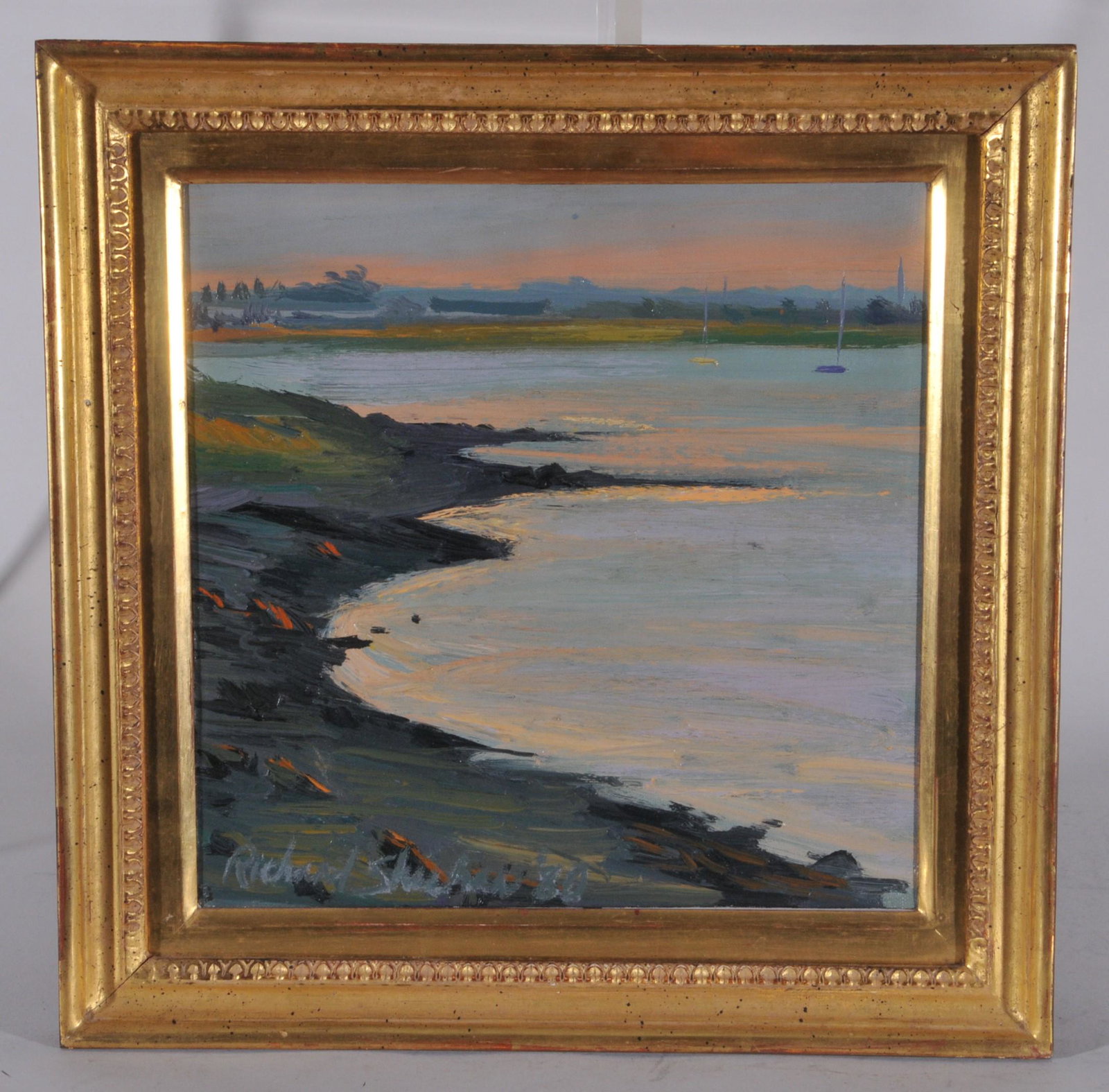 Richard Sheehan. American. 20th Century painting .: Richard Sheehan. American. 20th Century painting . Titled “Squantum 1980” Massachusetts coastal scene. Oil on canvas. Framed. Alpha Gallery label. Sight size: 10 x 10”. Overall size: 13 ½" x 13