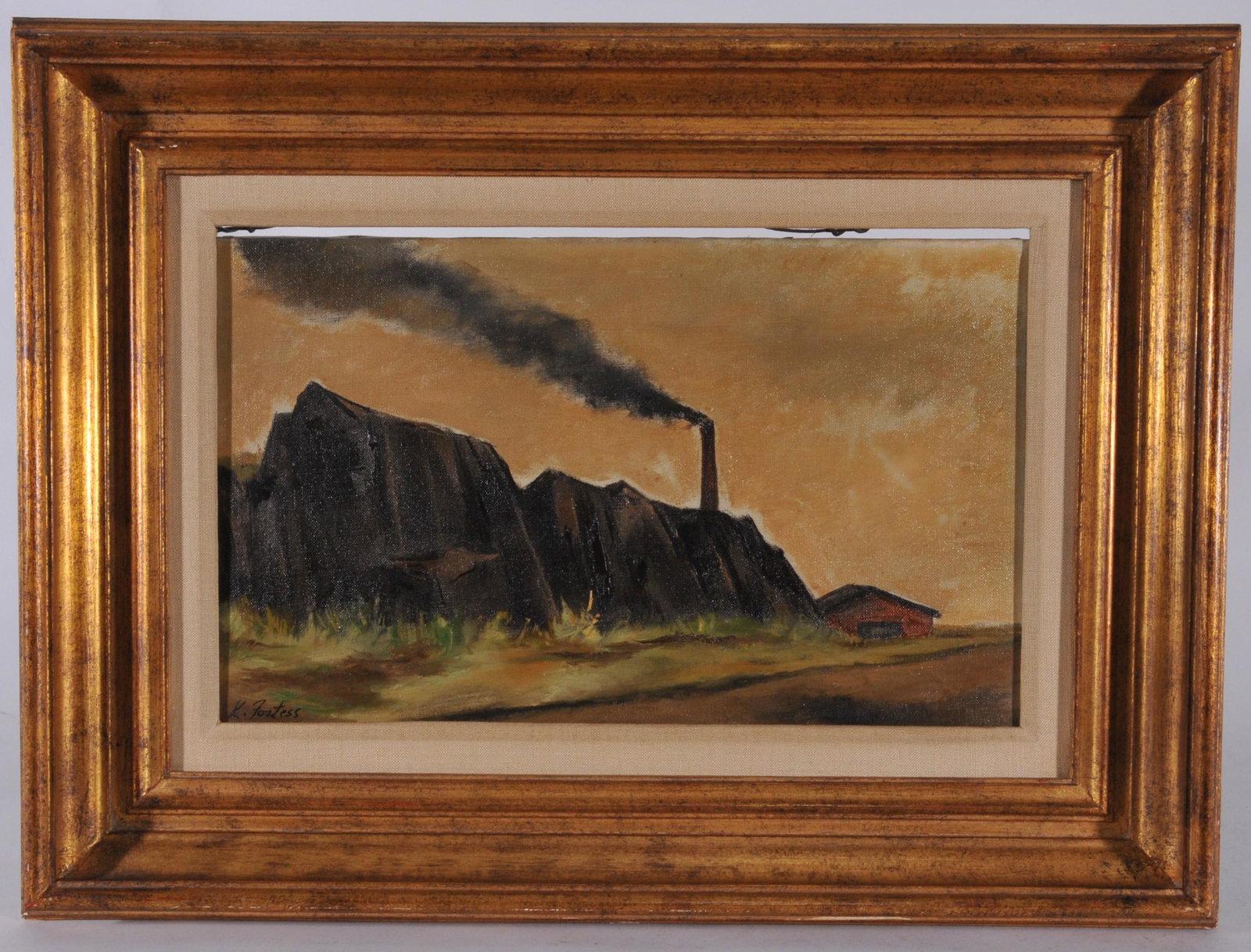 Karl Fortess. Landscape painting with smoke stack and: Karl Fortess. Landscape painting with smoke stack and shed. Oil on canvas in a molded frame . Signed lower right. Sight size: 10" x 16". Overall size: 17" x 23”