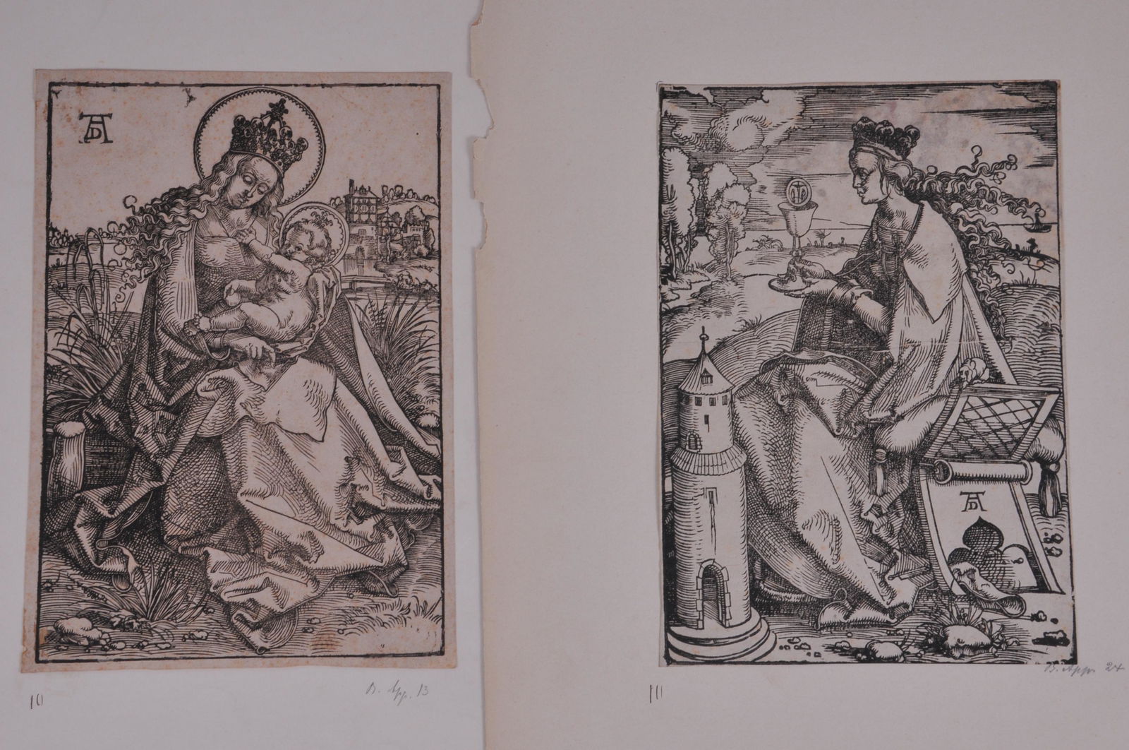 Albrecht Durer Two Woodcuts. Madonna and Child Bartsch: Albrecht Durer Two Woodcuts. Madonna and Child Bartsch 13. Woodcut size: 9-5/8" x 6-3/4". Holy Mother Bartsch 24. With watermark of cross in blossom. Woodcut size: 9-1/2"x 6-1/2". Foxing.