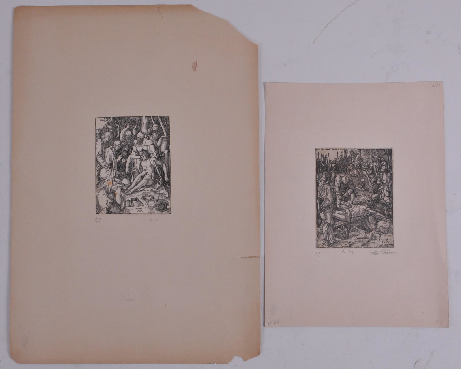 Two Albrecht Durer woodcuts. Passion of Christ Bartsch: Two Albrecht Durer woodcuts. Passion of Christ Bartsch 34. Woodcut size: 5" x 3-13/16". Bartsch 39. Woodcut size: 5-1/16" x 4-7/8". Foxing.