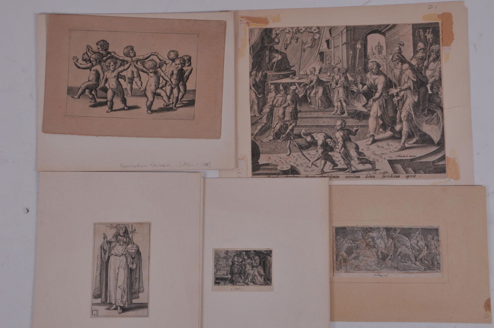 Five assorted 18th century and earlier engravings: Five assorted 18th century and earlier engravings including Marcantonio Raimondi. Cherubs. 4-1/2" x 6-7/8". Others by George Pencz. Foxing